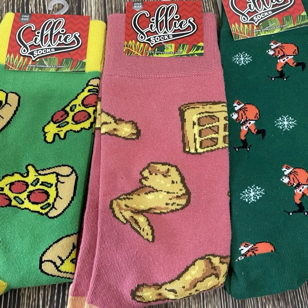 4 Sillies Socks Unisex OSFM Novelty Socks Santa Chicken & Waffles Wolf Pizza